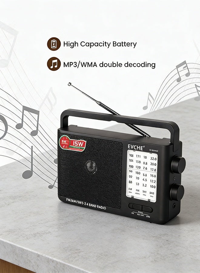 EVCHE Portable Radio FM/AM/SW Receiver with USB & Battery Power, Earphone Jack, Black - Image 3